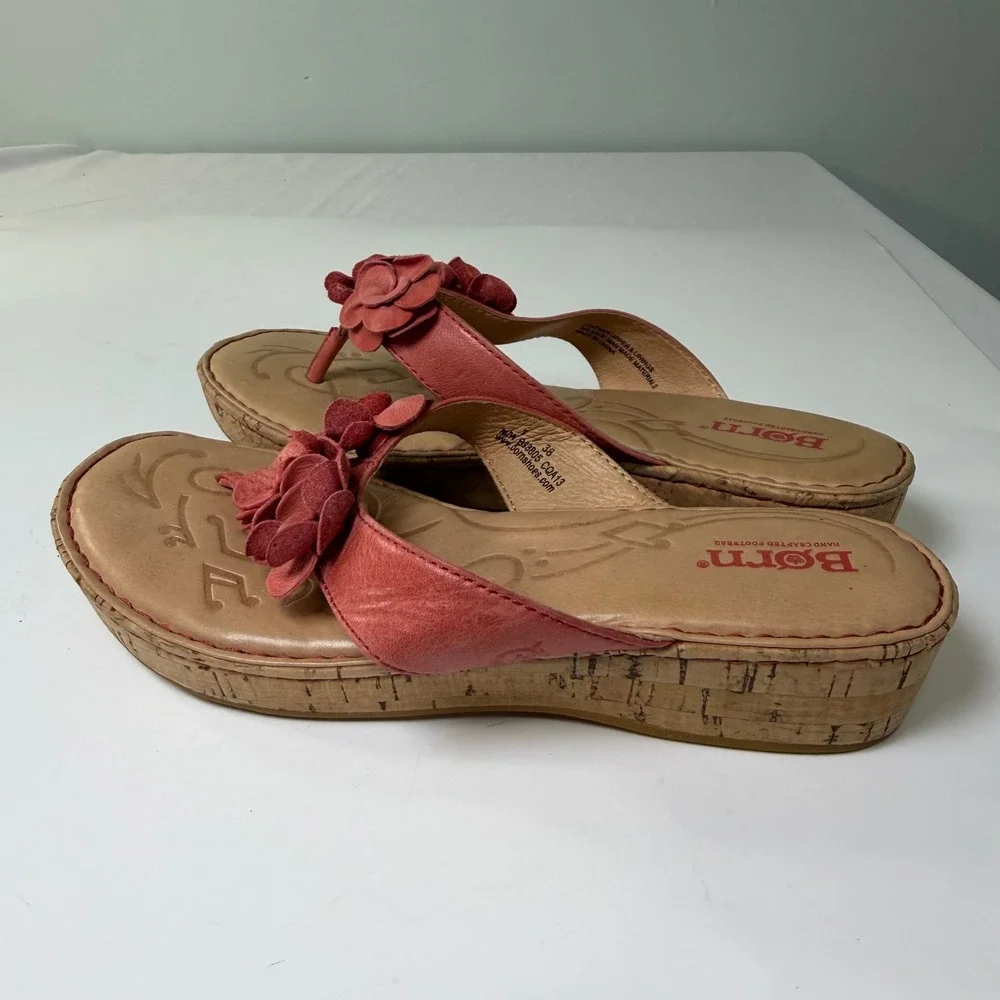 Born Womens Coral Pink Leather Floral Wedge Thong Sandals‎ B93805 Size 7 38